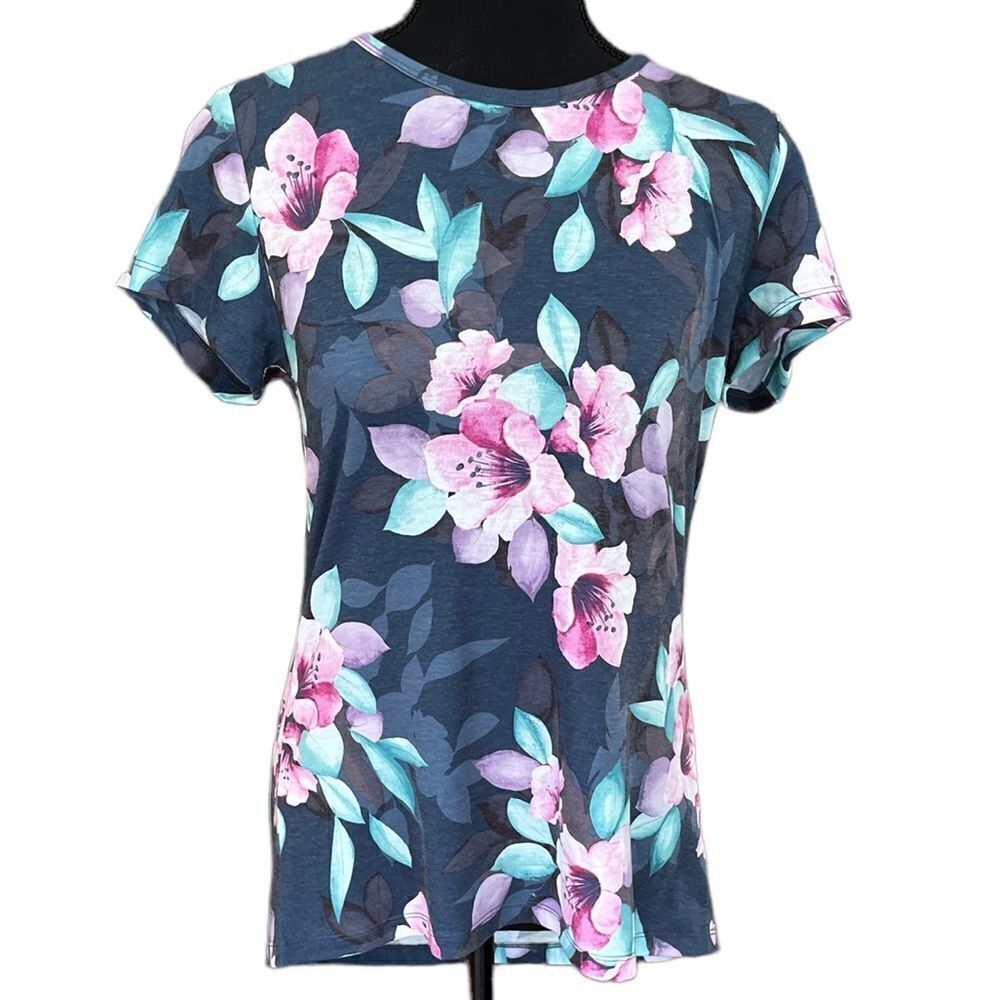 IDEOLOGY stretchy jersey floral top with keyhole back, size S.
